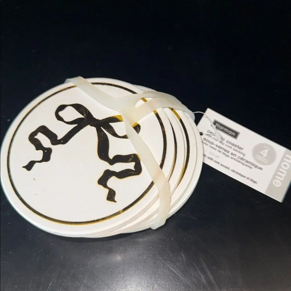 Harman Ceramic White with Bow Accent Coasters Set of Four!